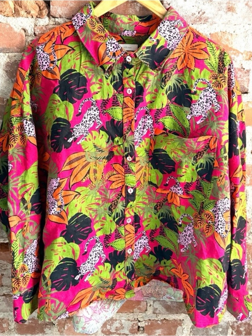 Cynthia Rowley Vibrant Jungle Print Button Down Shirt Linen